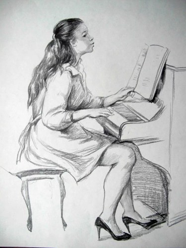 画草图和弹钢琴的女人。