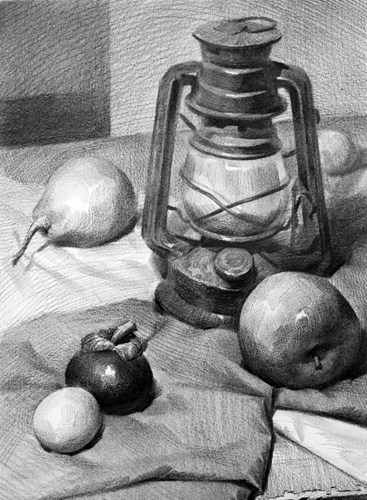 静物画:油灯、苹果、梨、山竹果和鸡蛋