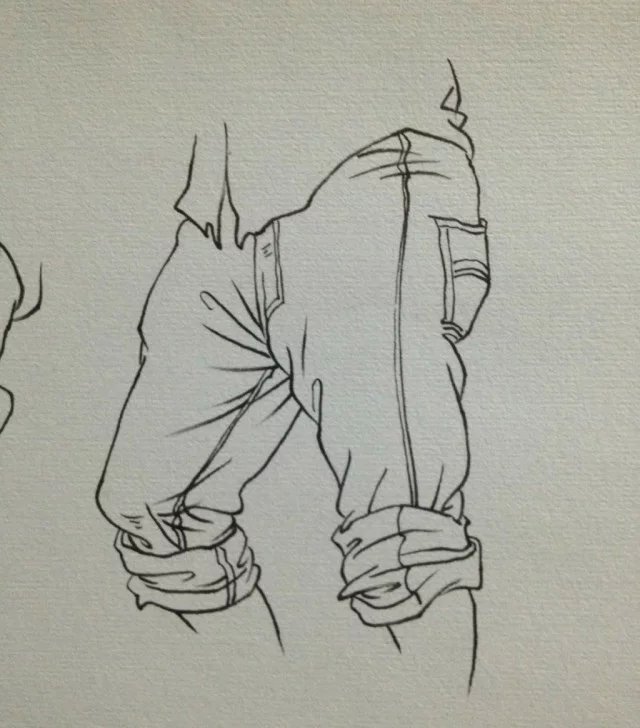 画一个关于如何画衣服、裤子和裤子褶的教程。