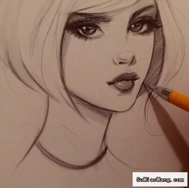 非常可爱的女孩漂亮的嘴唇手绘铅笔素描