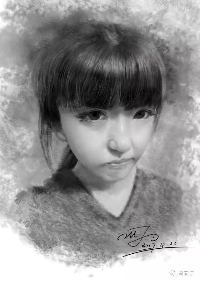 马家东的电脑手绘:小女孩的素描头像