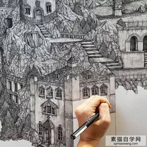 城市建筑大型绘画奥莉维亚·坎普的超细针笔素描