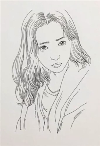 笔墨:长发女孩的素描头