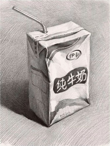盒装牛奶素描画法步骤图 牛奶美术作品
