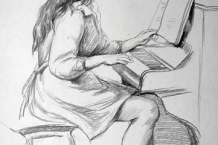 画草图和弹钢琴的女人。