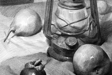 静物画:油灯、苹果、梨、山竹果和鸡蛋