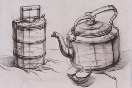 结构草图吹口哨来煮水壶、水桶和半个苹果。